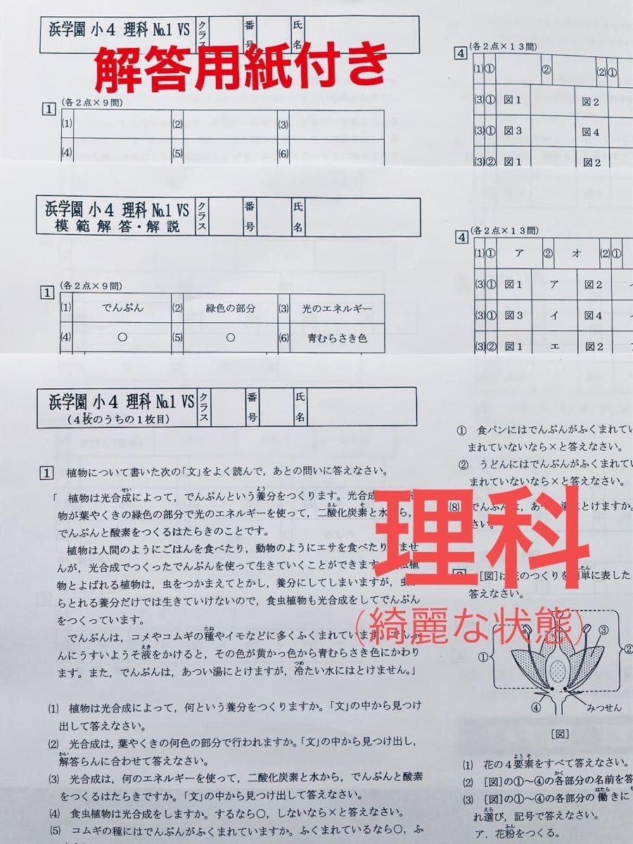 版 浜学園 小4 2023 年度 算数 国語 理科 3教科 復習テスト 浜学園